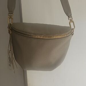 HOBO Taupe Leather Crossbody Belt Bag with Gold Hardware